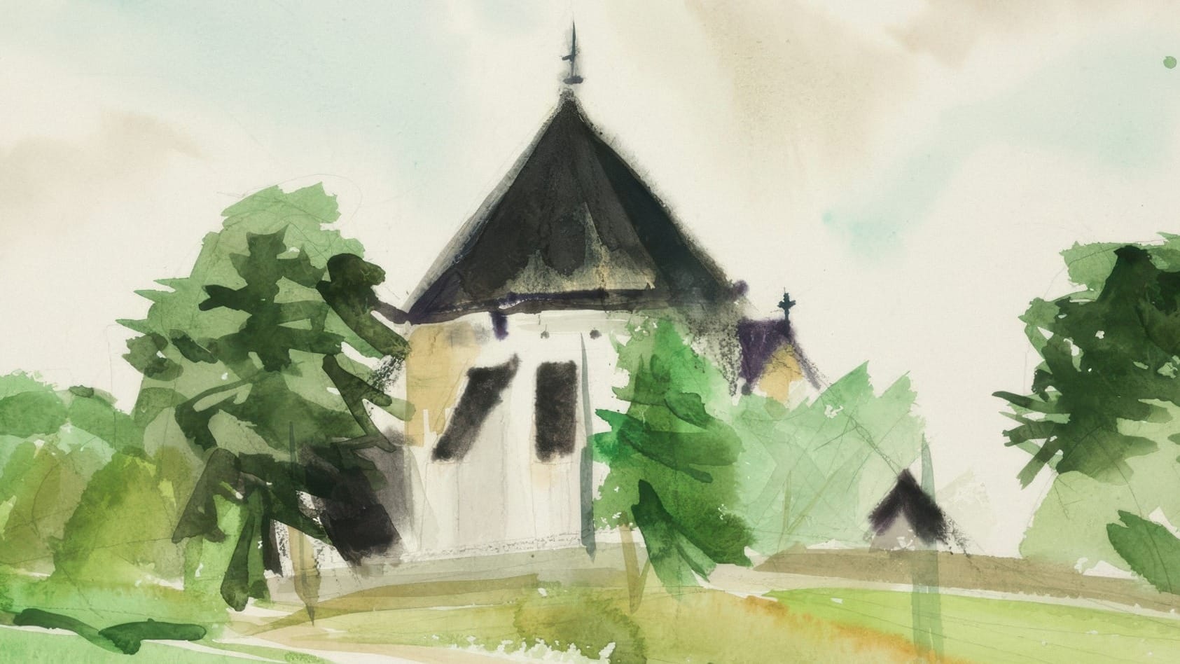 A watercolor painting of a building surrounded by trees.